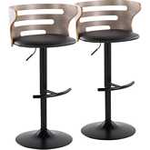 Cosi Adjustable Swivel Bar Stool in Black Metal, Light Grey Wood & Black Leatherette (Set of 2)